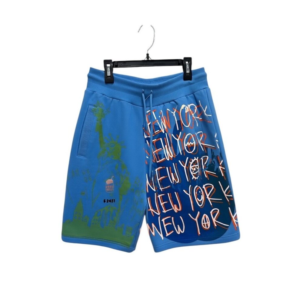 Snow Milk Blue Graphic Print Shorts With New York Theme & Statue Of Liberty Desi